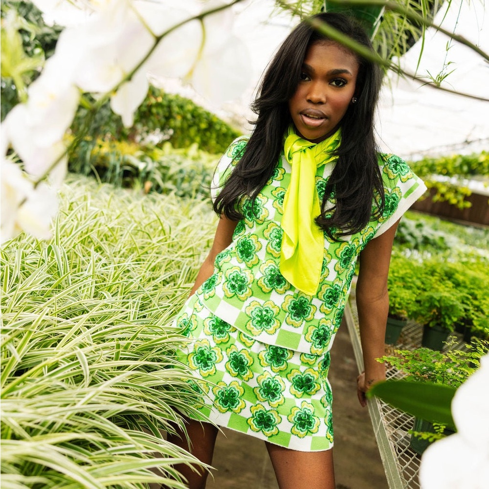 QOS Green & White Checkered Sequin Shamrock Skirt